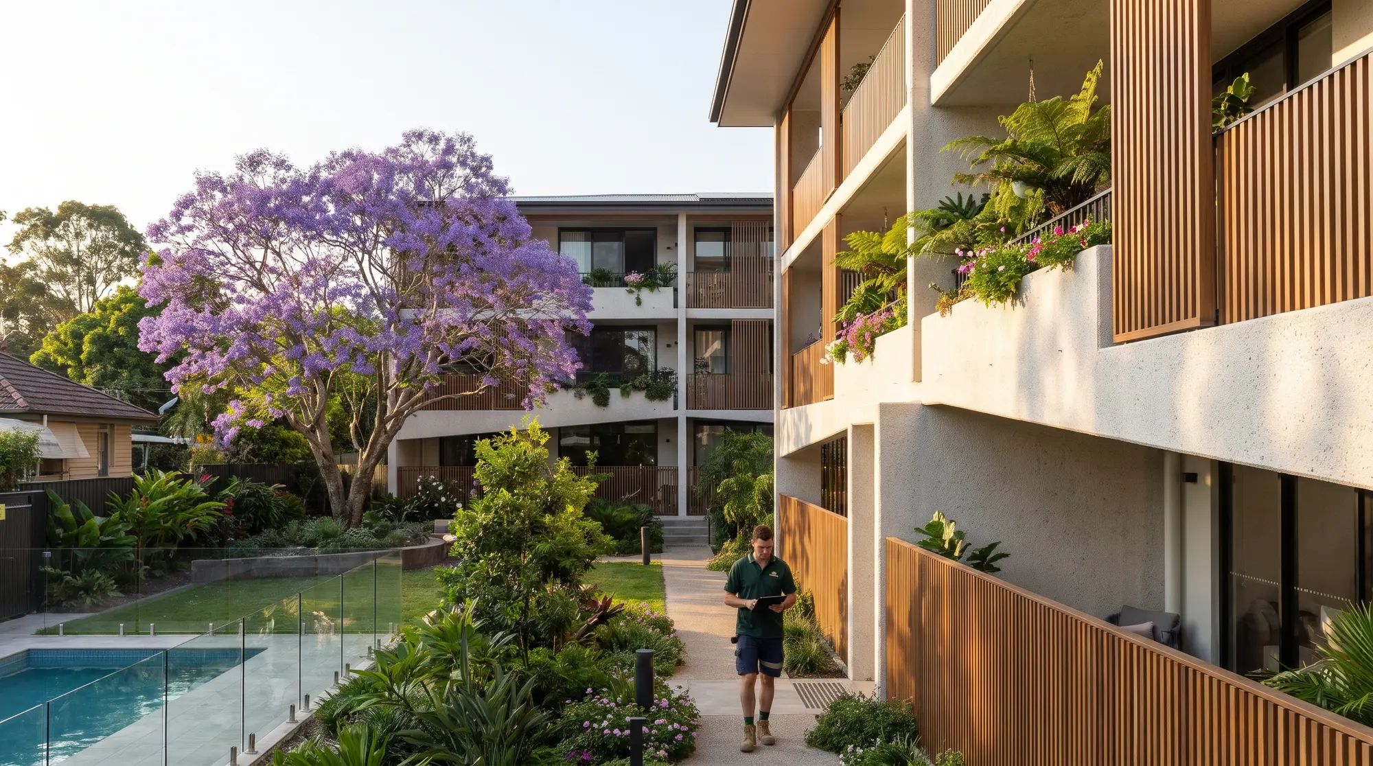 Brisbane apartment complex with a jacaranda in the common garden