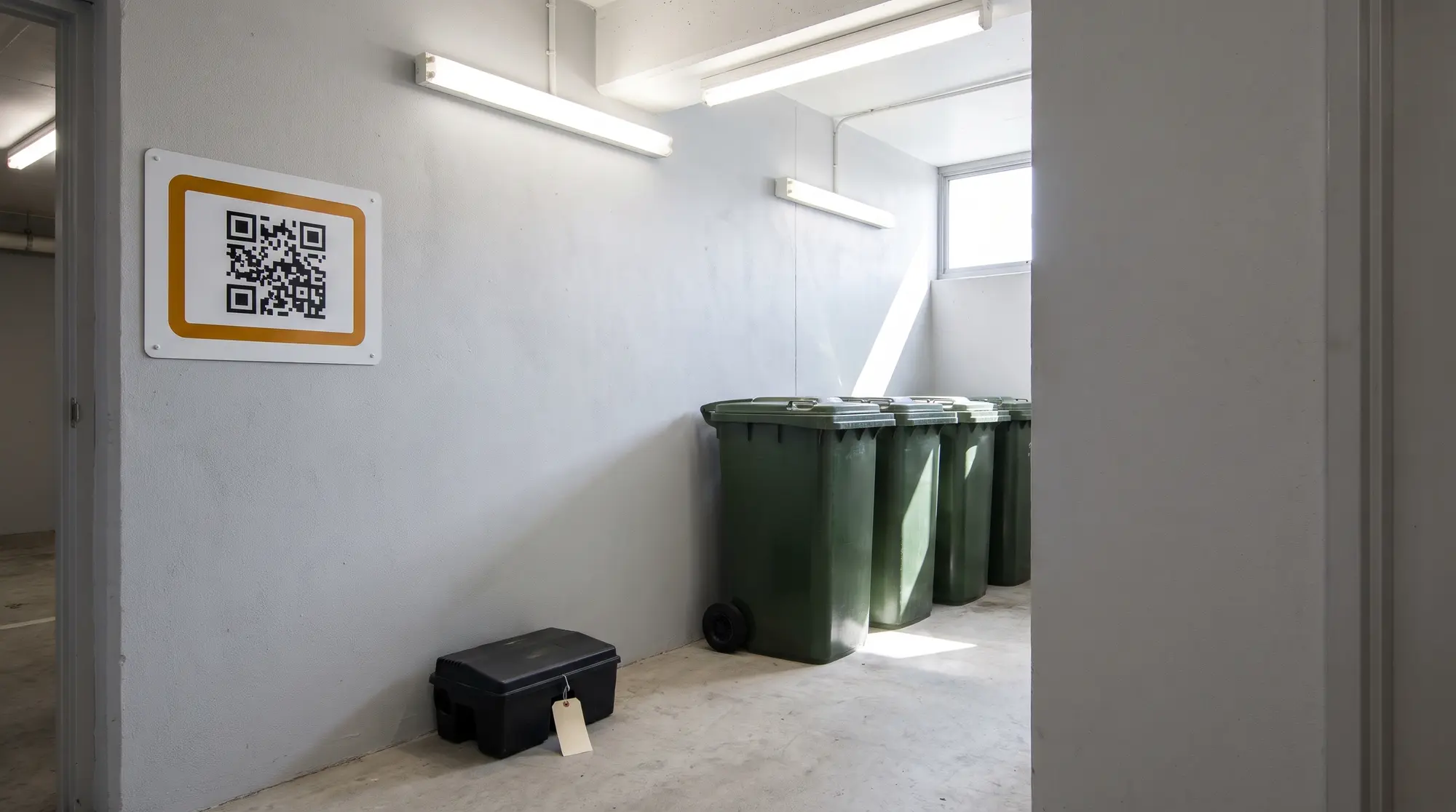 Basement bin room with a QR sighting sign and a bait station
