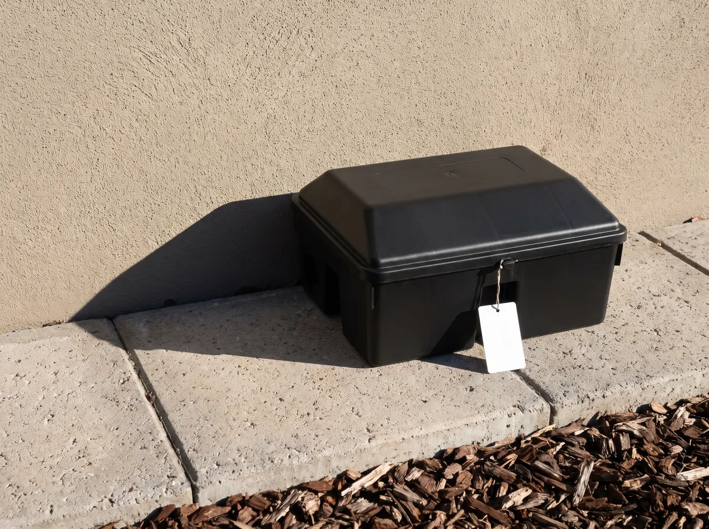 Tamper-resistant bait station against an exterior wall