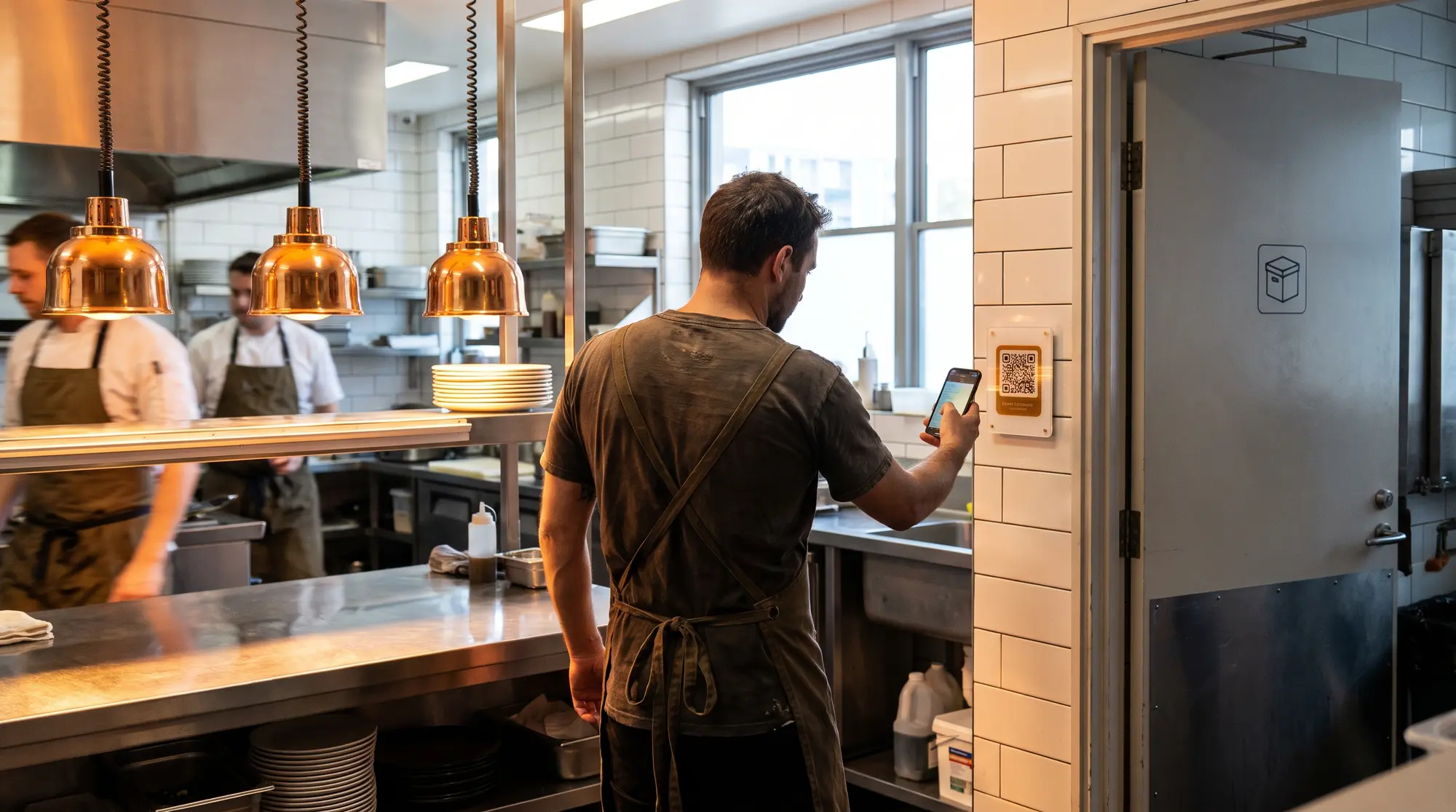 Chef scanning a QR sign in a commercial kitchen